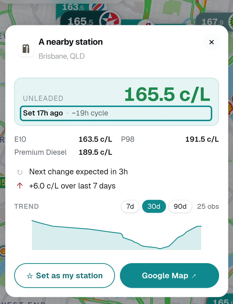 A Pinly station card with the last-reported time highlighted