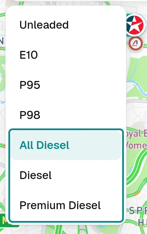 Pinly's fuel picker showing All Diesel, Diesel and Premium Diesel