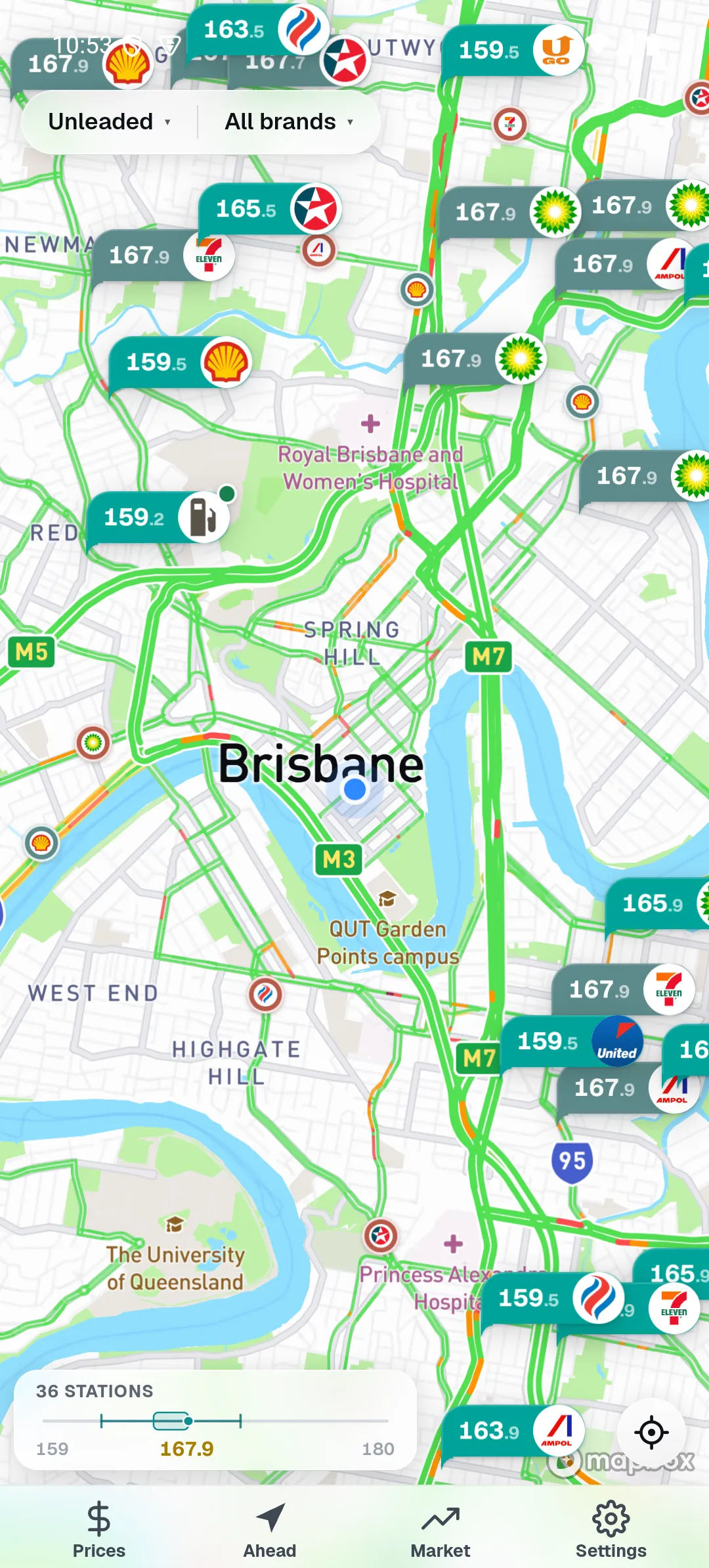 Pinly Fill app showing live cheapest fuel prices on a Brisbane map