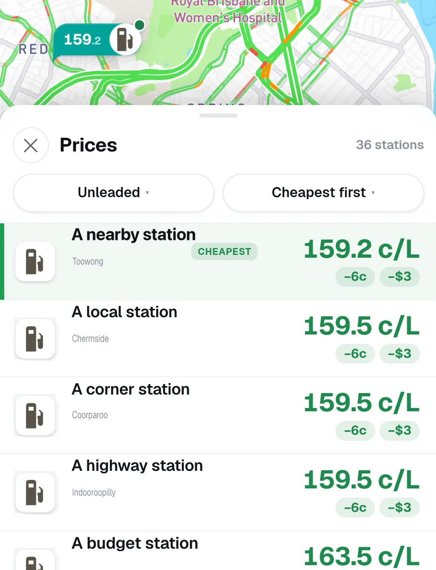 The Pinly Prices list with stations sorted cheapest first