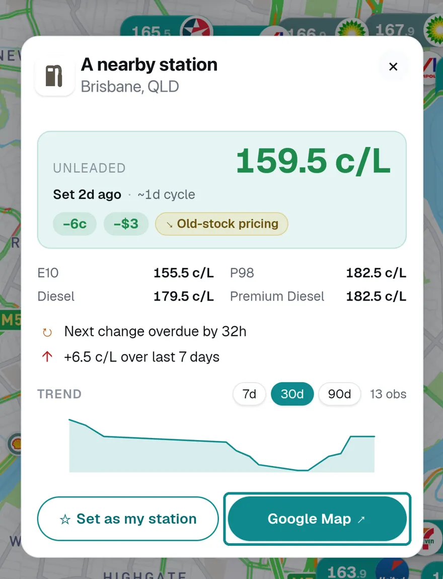 A zoomed-in Pinly station card with the Google Maps directions button